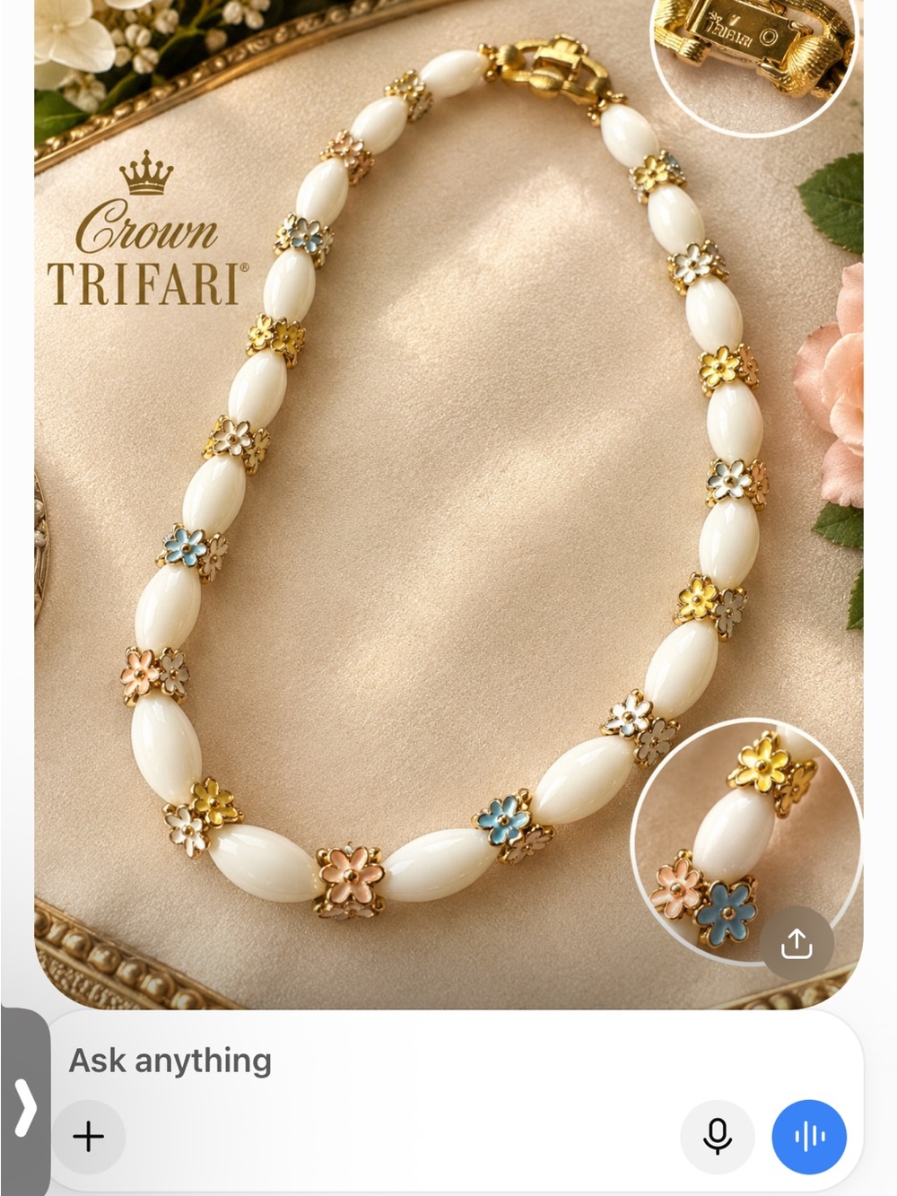 Trifari Cream Bead Necklace with Gold and Pastel Flower Accents